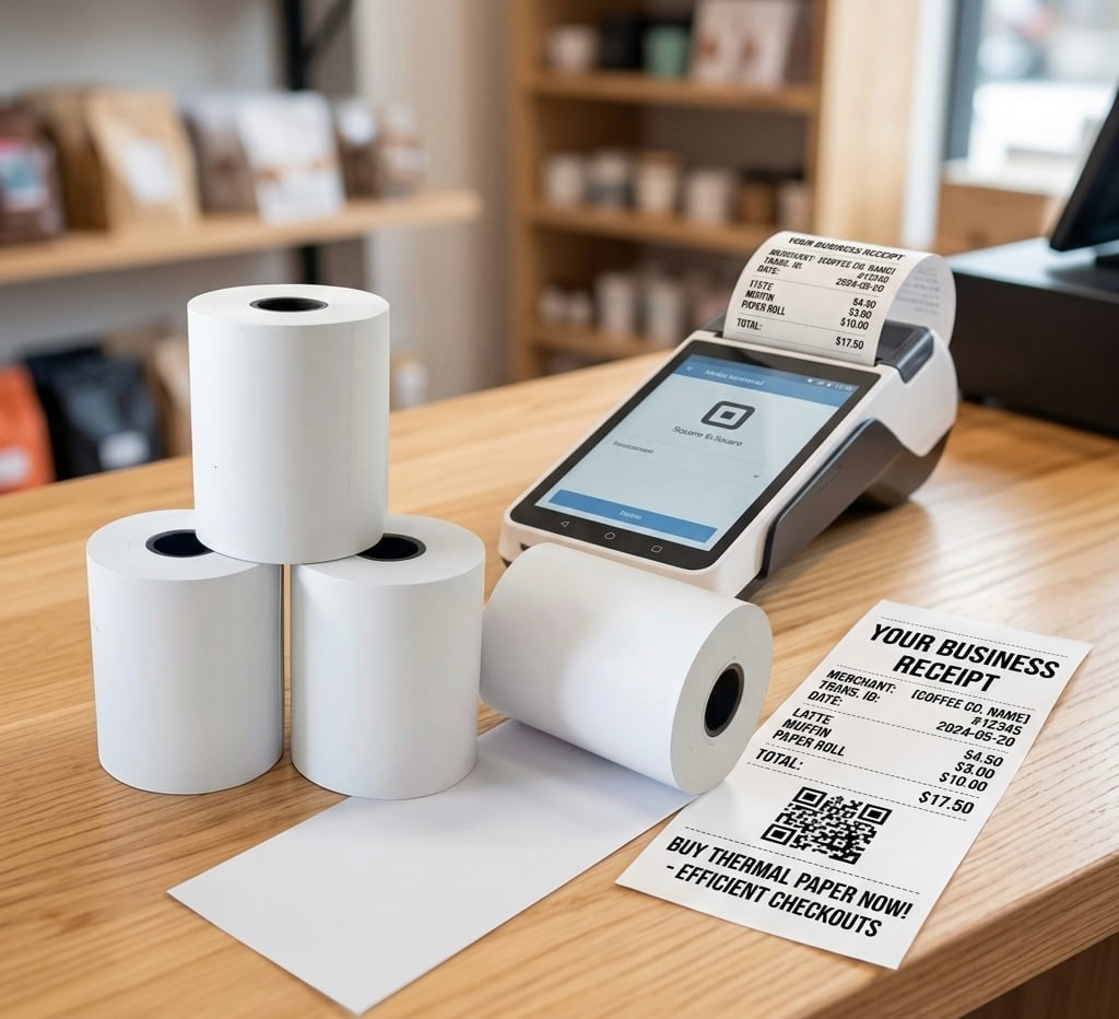POS thermal paper rolls for retail and restaurant point-of-sale systems